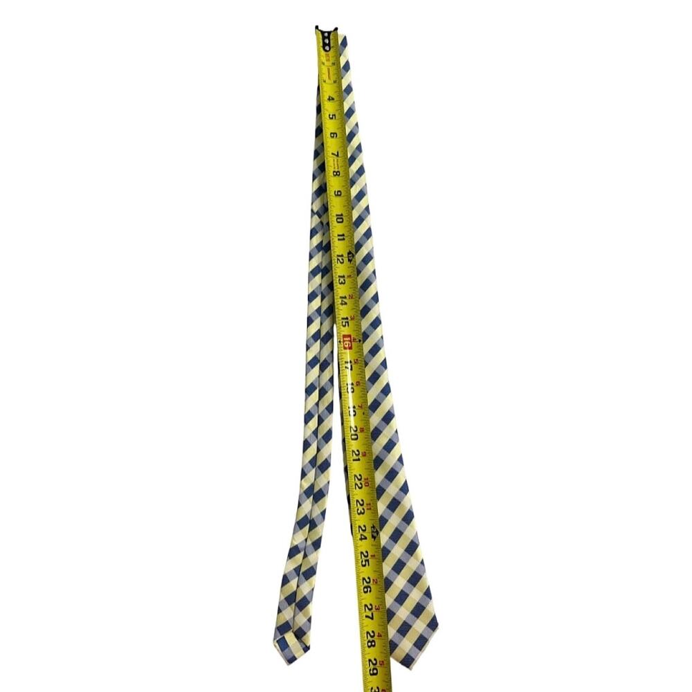 Men’s 100% Silk Tie Yellow Navy Blue Plaid Check Hand Made Classic Necktie - Picture 5 of 5